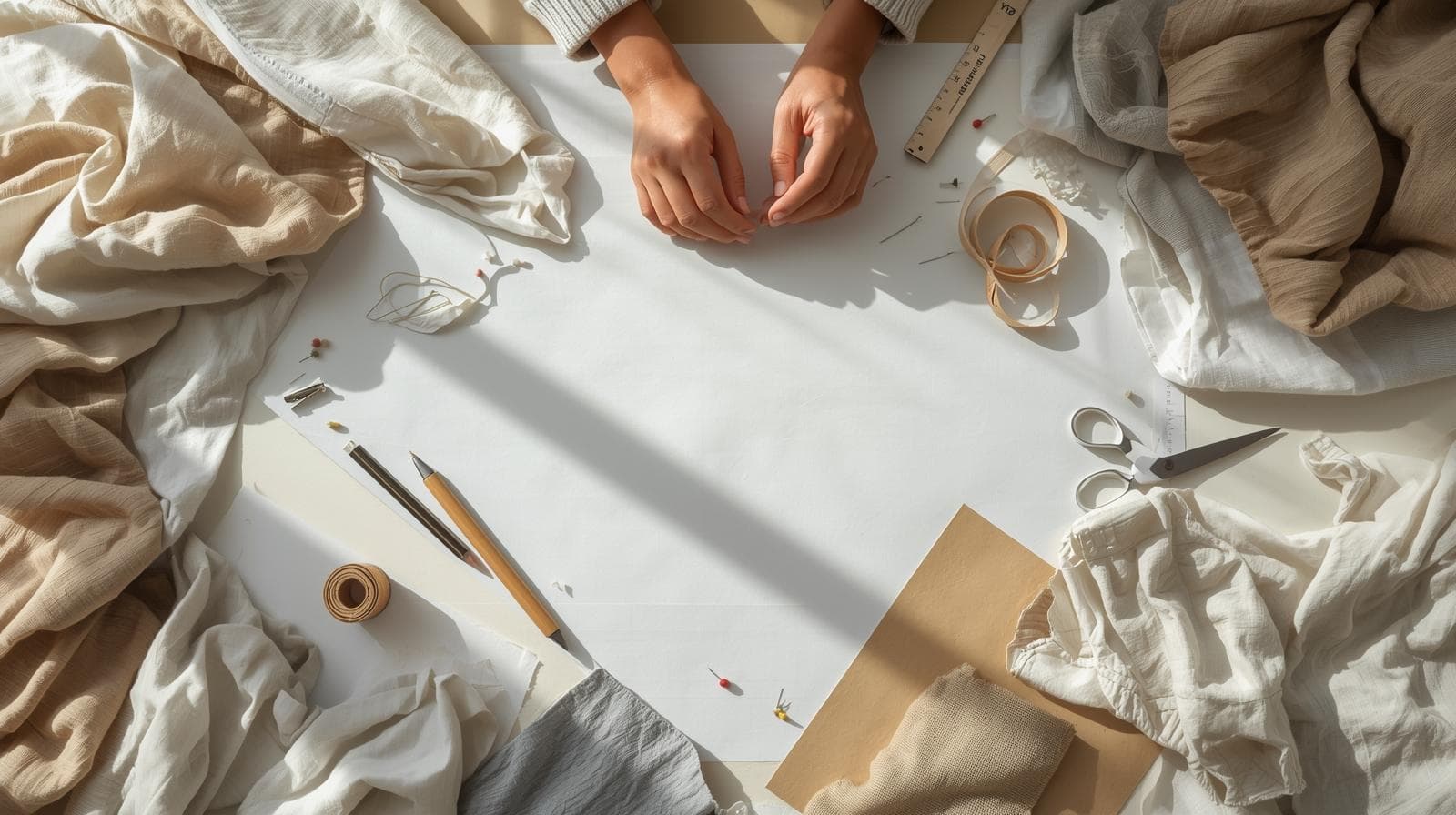 Manos trabajando sobre tela y papel en blanco, taller de Estudio Moldes